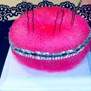 Elegant Hair Pin Cushion on chalk painted white wood base.